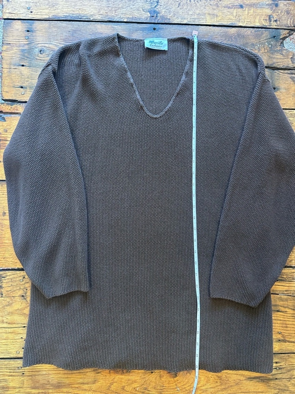 Vintage Marilu 90s Brown Cotton V-Neck Textured Knit Sweater–Oversized One Size - Picture 4 of 6